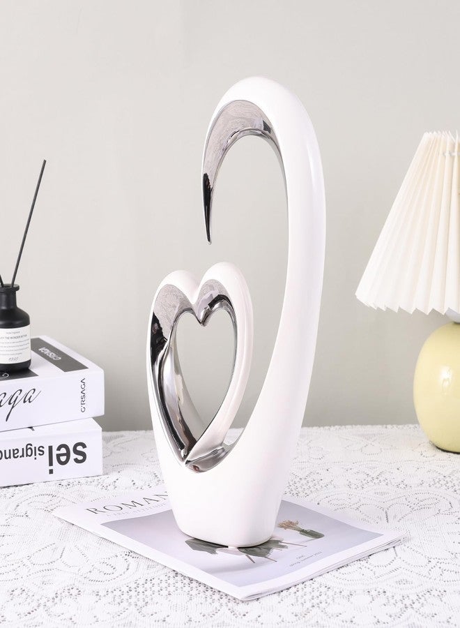 oliruim OliRium Silver White Heart Sculpture - Ceramic Silver Double Heart Couple Decor Art Statue for Wedding, Valentine's Day Decor, Living Room Coffee Table Centerpiece (Tall) - Image 5